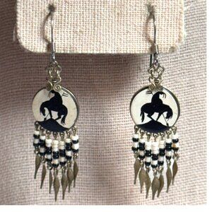 Vintage End Of The Trail Silver & Black Beaded Earrings Silhouette Dangling Drop
